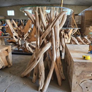 Table haute racine de teck Ø80 cm (avec verre)