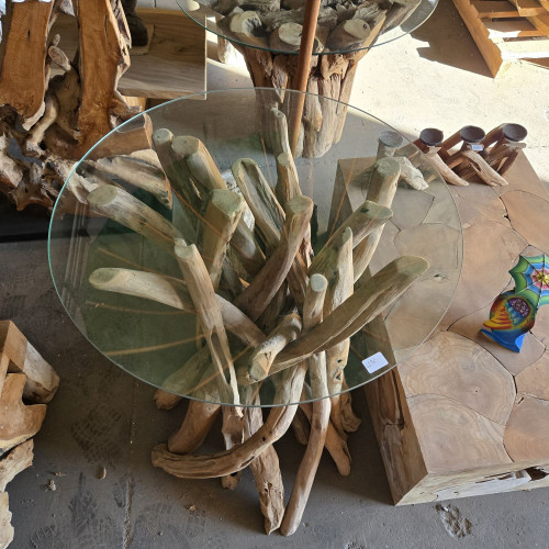 Table haute racine de teck Ø80 cm (avec verre)