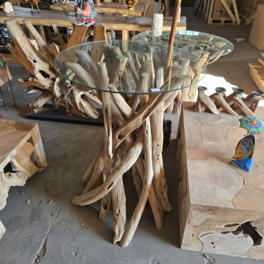 Table haute racine de teck Ø80 cm (avec verre)