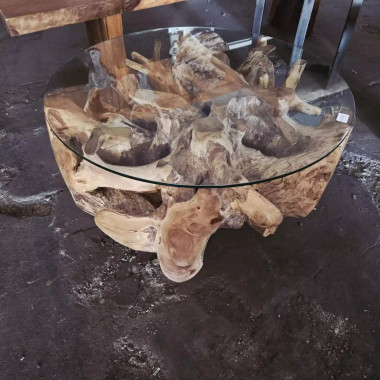 Table basse racine de teck Ø80 cm (avec verre)