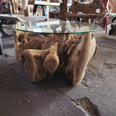 Table basse racine de teck Ø80 cm (avec verre)