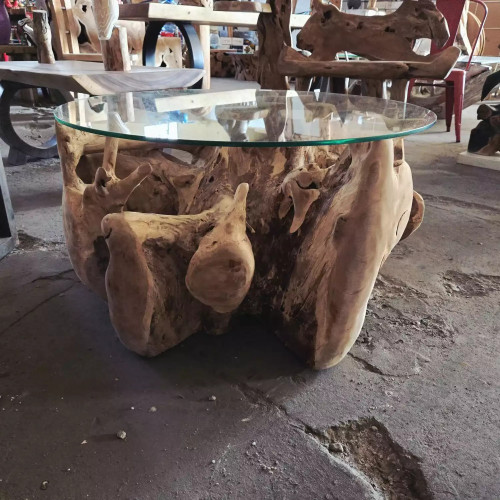 Table basse racine de teck Ø80 cm (avec verre)