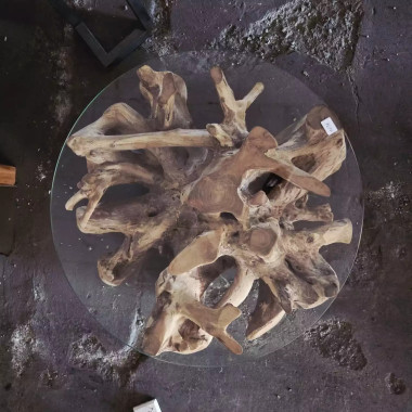 Table basse racine de teck Ø80 cm (avec verre)