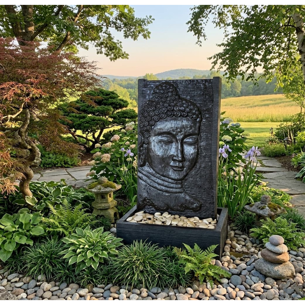 Fontaine à débordement H140 cm tête de Bouddha noire