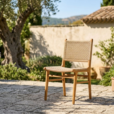 Chaise Mulia teck et cordage beige